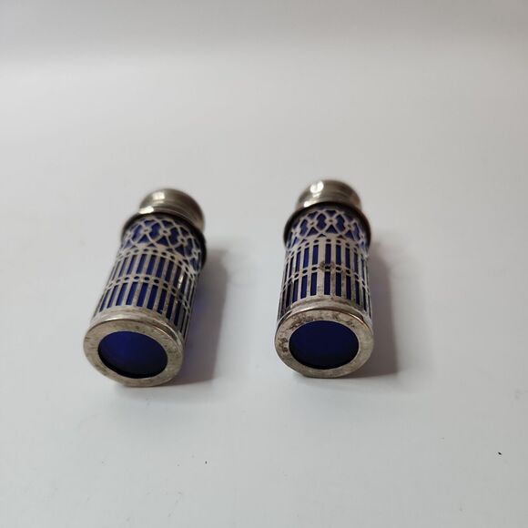 Vintage Cobalt Blue Salt & Pepper Shakers, Silver Plate Filigree Leonard,  Japan - Picture 4 of 6